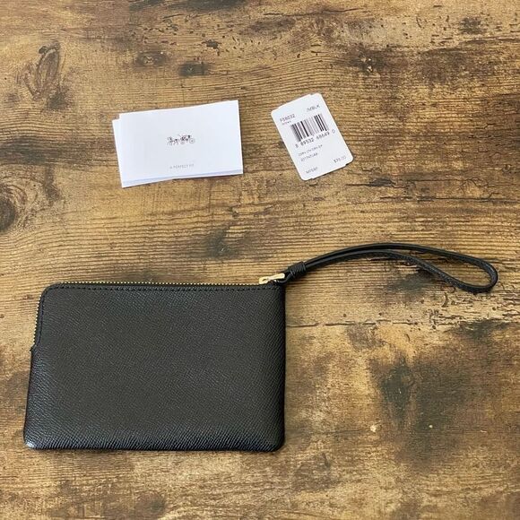 COACH Crossgrain Leather Corner Zip Wristlet, Black, Black & Gold - Picture 4 of 10